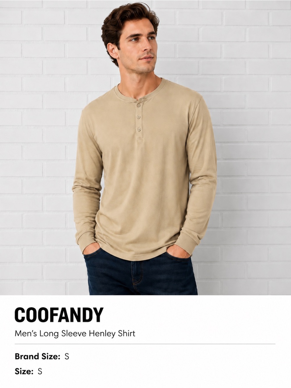 COOFANDY Men’s Beige Long Sleeve Henley Shirt Size S Casual Stretch Tee NWT